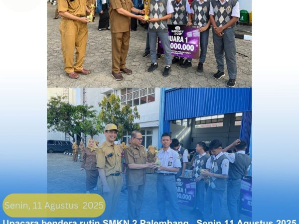 Upacara bendera rutin di SMKN 2 Palembang, penyerahan penghargaan kepada Siswa berprestasi Senin 11 Agustus 2025.