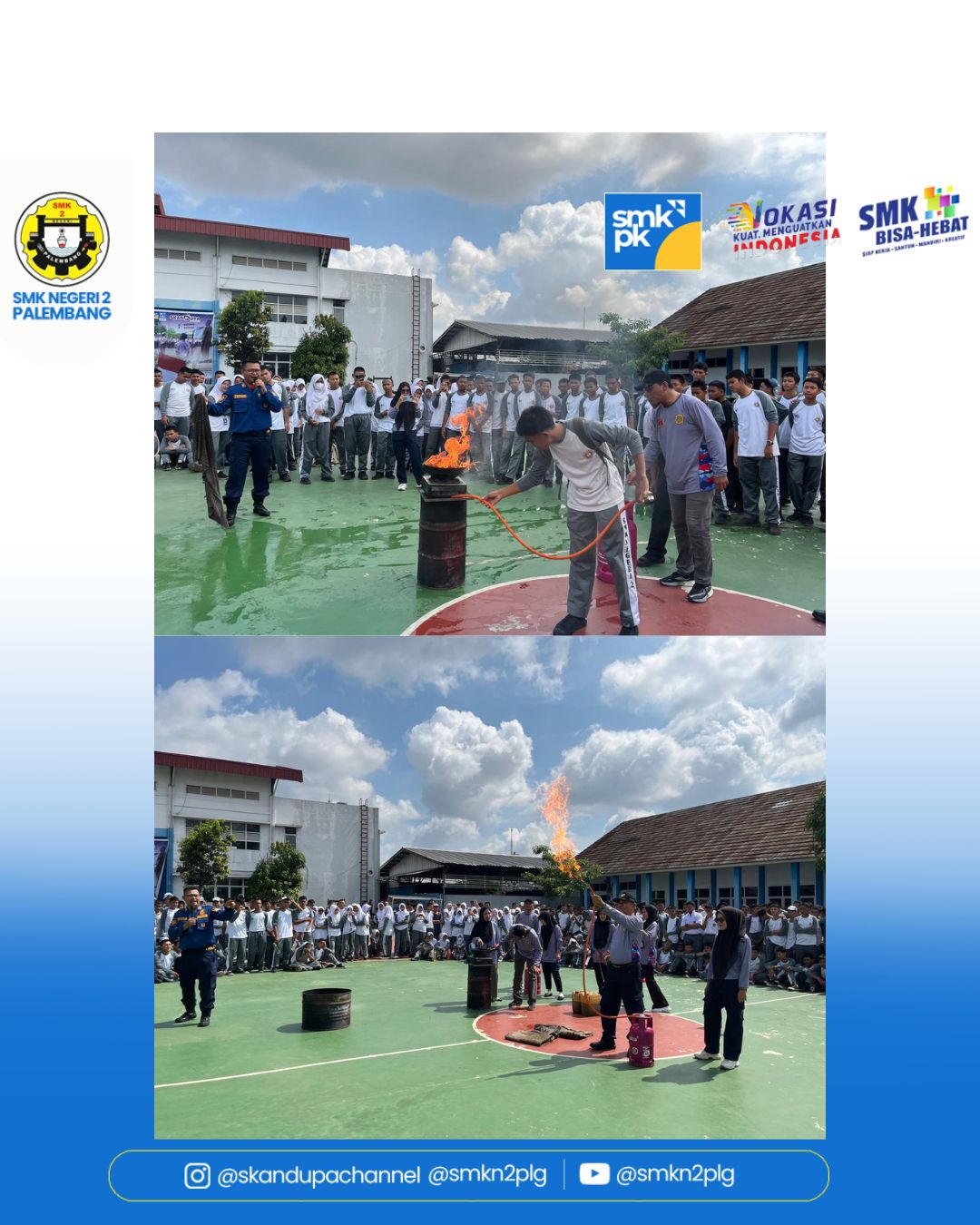 Edukasi dan simulasi kebakaran atau bencana di SMKN 2 Palembang oleh tim Pemadam Kebakaran Kota Palembang Jumat 14 November 2025.
