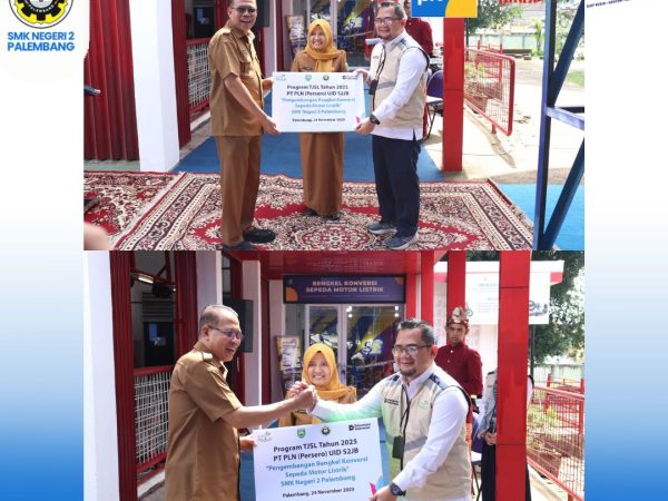 Peresmian dan Penyerahan Simbolis bantuan Program Pengembangan Bengkel Konversi Sepeda Motor Listrik dari PLN UID S2JB kepada SMK Negeri 2 Palembang didampingi oleh Kepala Dinas Pendidikan Provinsi Sumatera Selatan, Senin 24 November 2025.