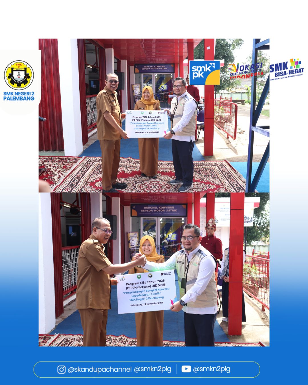 Peresmian dan Penyerahan Simbolis bantuan Program Pengembangan Bengkel Konversi Sepeda Motor Listrik dari PLN UID S2JB kepada SMK Negeri 2 Palembang didampingi oleh Kepala Dinas Pendidikan Provinsi Sumatera Selatan, Senin 24 November 2025.