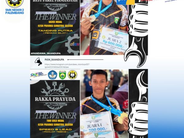 Alhamdulillah, peserta didik SMKN 2 Palembang berhasil menyabet medali pada ajang Olimpiade Olahraga Siswa Nasional (O2SN) Tahun 2026.  Selamat dan apresiasi setinggi-tingginya. semoga prestasi ini menjadi motivasi untuk terus berkarya dan mengharumkan nama SMKN 2 Palembang.