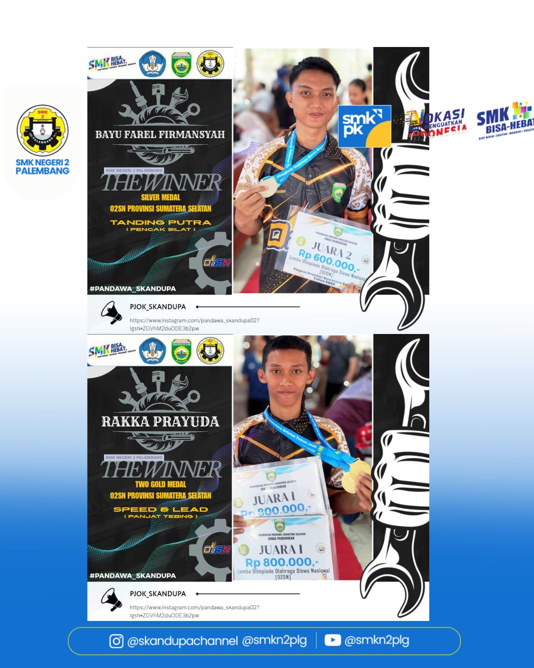 Alhamdulillah, peserta didik SMKN 2 Palembang berhasil menyabet medali pada ajang Olimpiade Olahraga Siswa Nasional (O2SN) Tahun 2026.  Selamat dan apresiasi setinggi-tingginya. semoga prestasi ini menjadi motivasi untuk terus berkarya dan mengharumkan nama SMKN 2 Palembang.