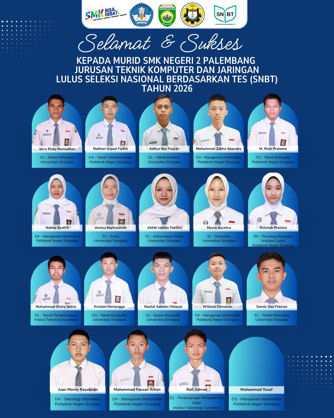 Selamat dan sukses kepada Murid SMK Negeri 2 Palembang yang lulus Seleksi Nasional Bersadarkan Test (SNBT) Tahun 2026.