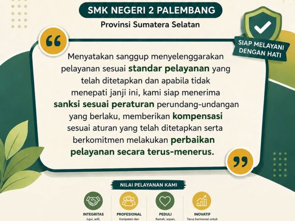 Maklumat Pelayanan SMKN 2 Palembang Kami berkomitmen untuk memberikan pelayanan yang profesional, ramah, cepat, transparan, dan akuntabel sesuai dengan standar pelayanan yang berlaku. Terima kasih atas kepercayaan dan partisipasi masyarakat dalam mendukung peningkatan kualitas pelayanan kami.