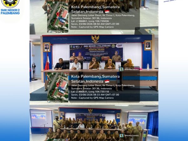 Sosialisasi program bantuan Teaching Factory, KA Program sekolah model pembelajaran mendalam dan pembelajaran Kodimg KA di SMKN 2 Palembang , Senin 3 Agustus 2026.