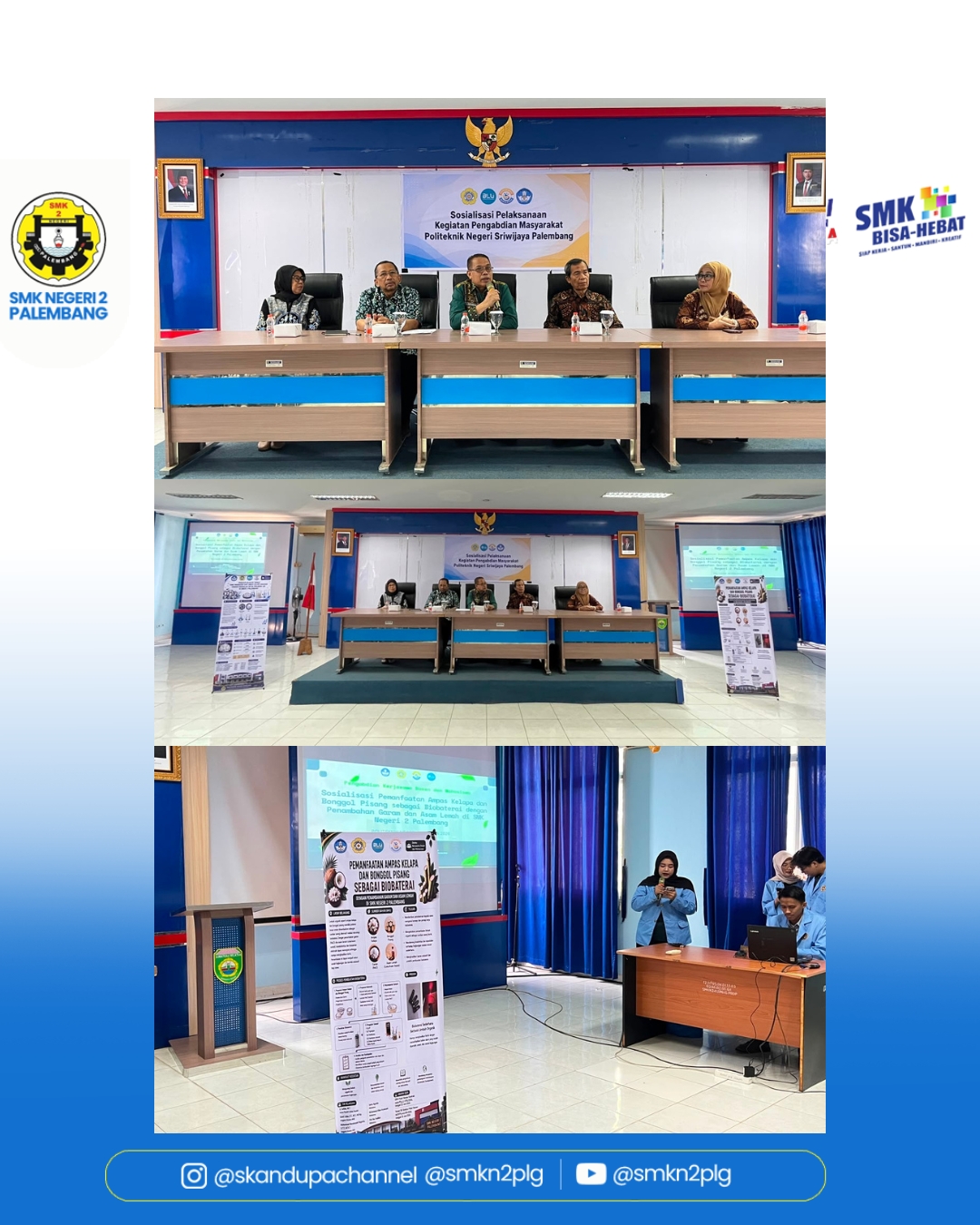 Kegiatan Sosialisasi pelaksanaan kegiatan pengandian masyarakat Politeknik Negeri Sriwijaya Palembang , Sosialisasi Pemanfaatan Ampas Kelapa dan Bonggol Pisang sebagai Biobaterai dengan Penambahan garam dan asam lemah di SMKN 2 Palembang,Jumat 7 Agustus 2026.