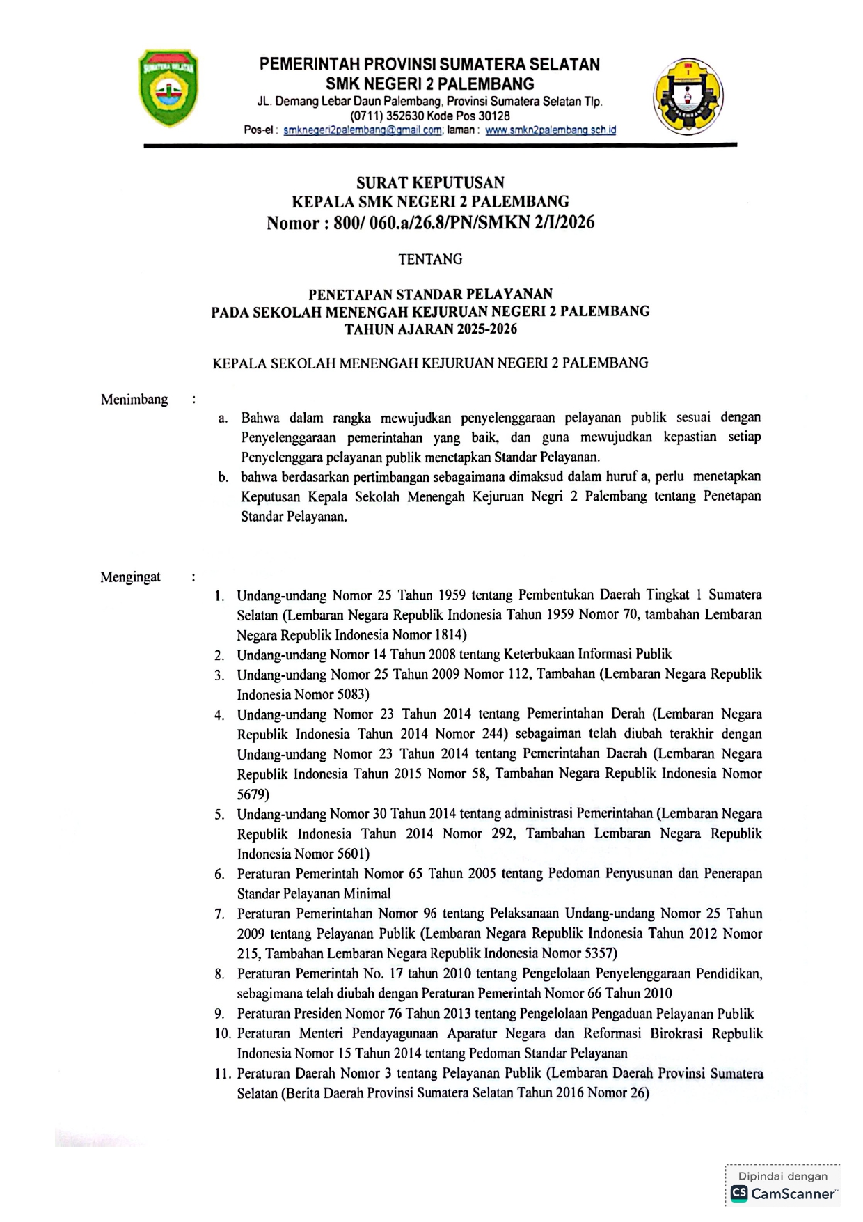 STANDAR PELAYANAN SMK NEGERI 2 PALEMBANG
