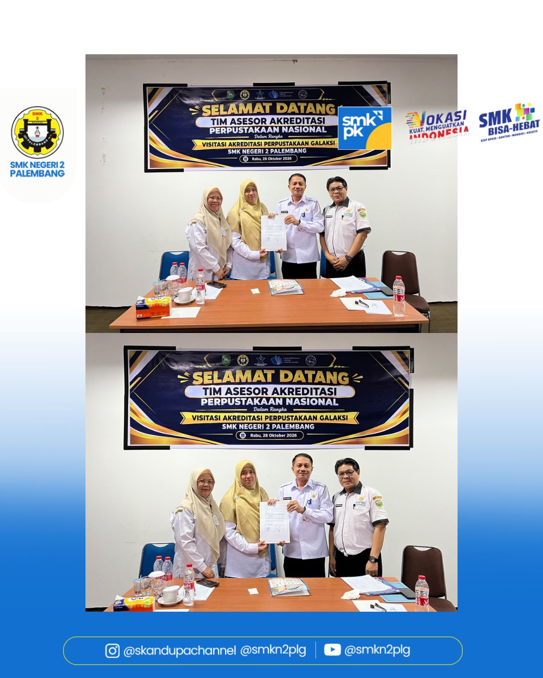 Kegiatan Visitasi Akreditasi Perpustakaan Galaksi SMKN 2 PalembangRabu, 28 Oktober 2026 SMKN 2 Palembang telah melaksanakan Kegiatan Visitasi Akreditasi Perpustakaan Galaksi oleh Tim Asesor dari Perpustakaan Nasional Republik Indonesia.